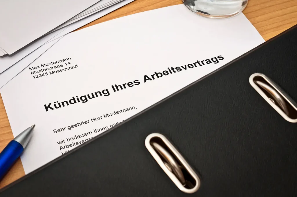 Ein Kündigungsschreiben mit sachlichem Ton liegt unter einem schwarzen Aktenordner